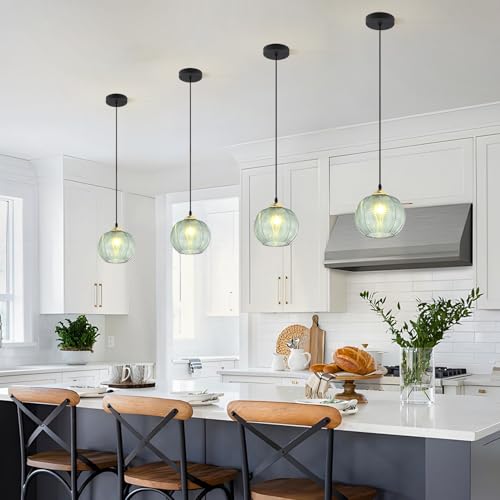KCO Lighting Single Green Glass Pendant Light Large Globe Pendant Lighting Nordic Ribbed Ceiling Hanging Chandelier Light Vintage Dining Room Kitchen Island Light Fixture - Image 4