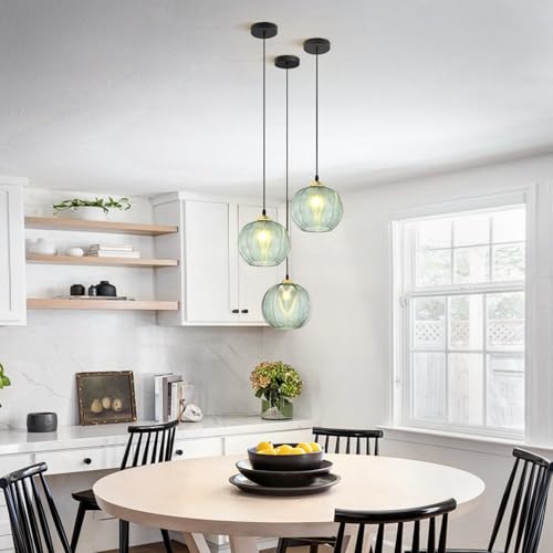 KCO Lighting Single Green Glass Pendant Light Large Globe Pendant Lighting Nordic Ribbed Ceiling Hanging Chandelier Light Vintage Dining Room Kitchen Island Light Fixture - Image 5