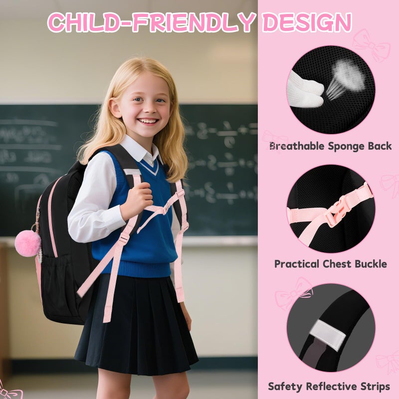ASKSKY Girls Backpack, School Backpack for Girls, Cute Bow Kids Bookbag for Grils Children Teens for Elementary Middle High School Student, Back To School, Black Pink - Image 5