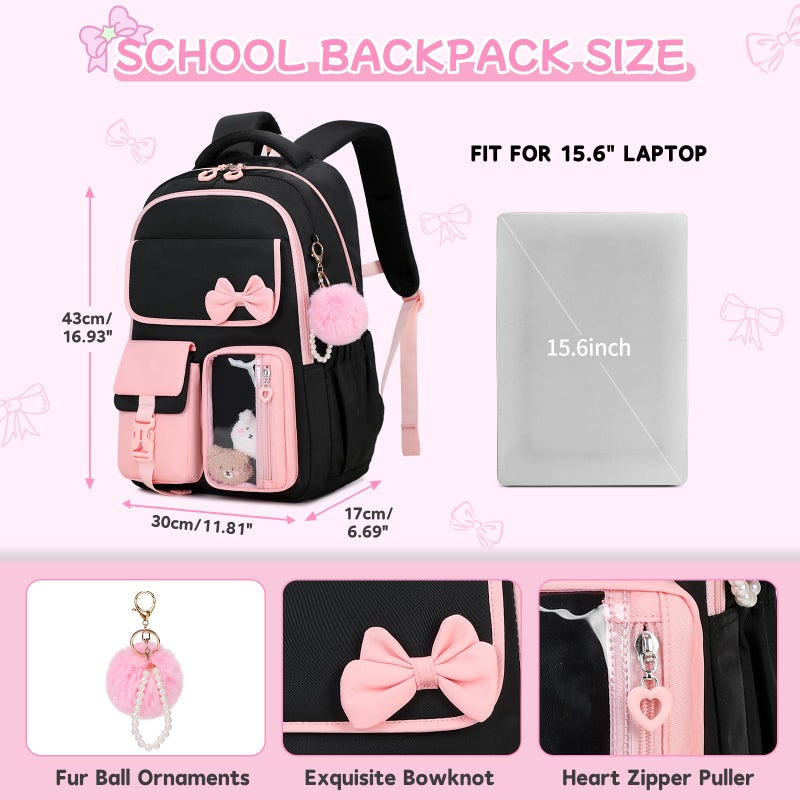 ASKSKY Girls Backpack, School Backpack for Girls, Cute Bow Kids Bookbag for Grils Children Teens for Elementary Middle High School Student, Back To School, Black Pink - Image 3