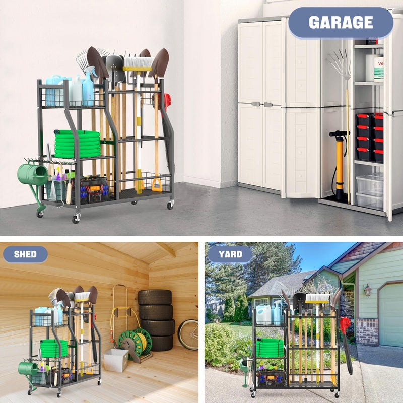 WALMANN Garden Tool Organizer with Wheels for Garage, Large Storage Capacity, Rakes/Shovels/Yard Tools Storage Stand for Shed, Garden, Indoor/Outdoor Long-Handled Tools Rolling Cart - Image 2