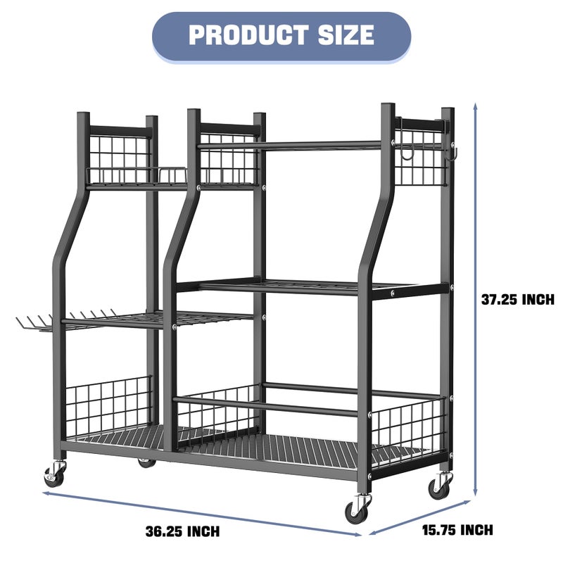 WALMANN Garden Tool Organizer with Wheels for Garage, Large Storage Capacity, Rakes/Shovels/Yard Tools Storage Stand for Shed, Garden, Indoor/Outdoor Long-Handled Tools Rolling Cart - Image 3