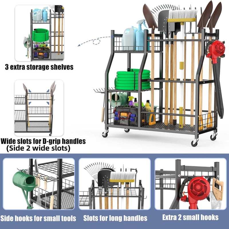 WALMANN Garden Tool Organizer with Wheels for Garage, Large Storage Capacity, Rakes/Shovels/Yard Tools Storage Stand for Shed, Garden, Indoor/Outdoor Long-Handled Tools Rolling Cart - Image 4