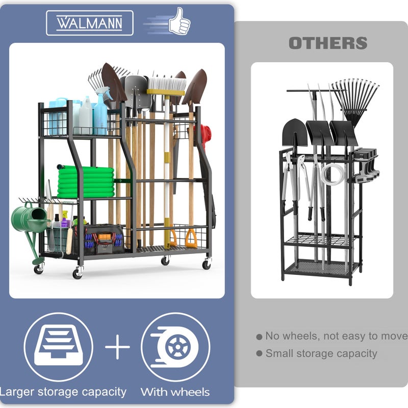 WALMANN Garden Tool Organizer with Wheels for Garage, Large Storage Capacity, Rakes/Shovels/Yard Tools Storage Stand for Shed, Garden, Indoor/Outdoor Long-Handled Tools Rolling Cart - Image 5