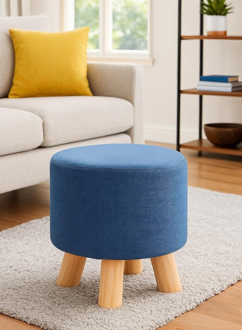 Generic 𝐅𝐅𝐃 Round Wooden Upholstered Ottoman Footstool – High-Density Foam & Cotton-Linen Fabric – Non‑Slip Feet – Strong Arc-Shaped Solid Wood Legs – Compact Vanity Stool & Footrest for Living Room & Bedroom  - Image 2