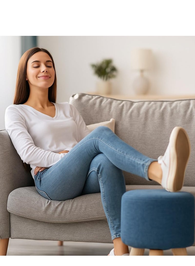 Generic 𝐅𝐅𝐃 Round Wooden Upholstered Ottoman Footstool – High-Density Foam & Cotton-Linen Fabric – Non‑Slip Feet – Strong Arc-Shaped Solid Wood Legs – Compact Vanity Stool & Footrest for Living Room & Bedroom  - Image 3
