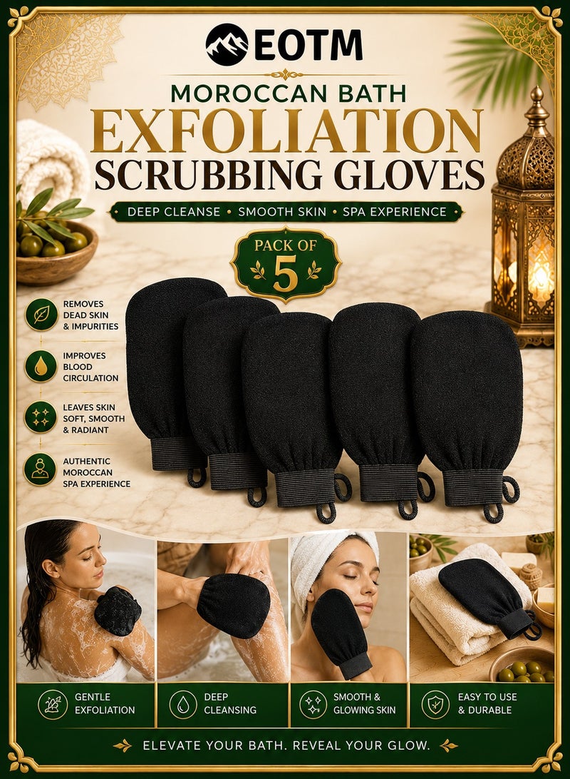 EOTM Pack Of 5 Moroccan Bath Exfoliation Scrubbing Gloves Black - Image 1