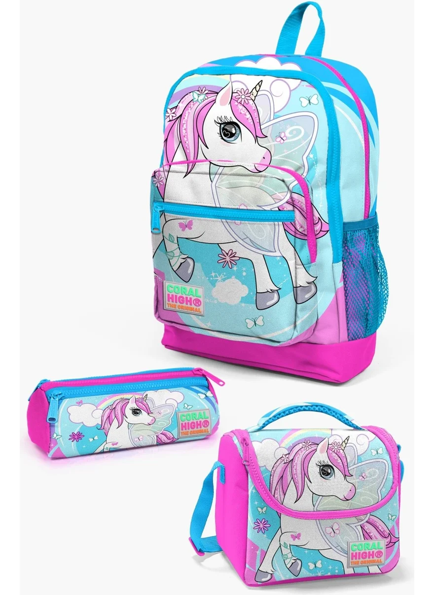 كورال هاي Kids Blue Neon Pink Unicorn Patterned 3-Piece School Bag Set SET0123711