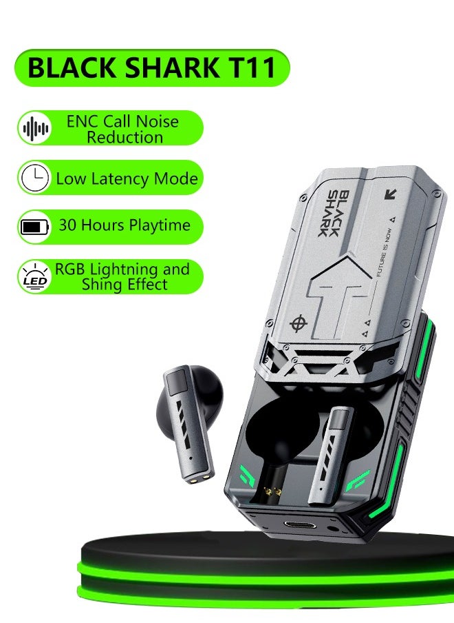 بلاك شارك - سماعة أذن Black Shark T11 مع وضع زمن الوصول المنخفض، وغطاء منزلق مع صوت "SHING"، وإضاءة RGB، ووقت تشغيل لمدة 30 ساعة وتقليل ضوضاء المكالمات ENC - رمادي - Image 1