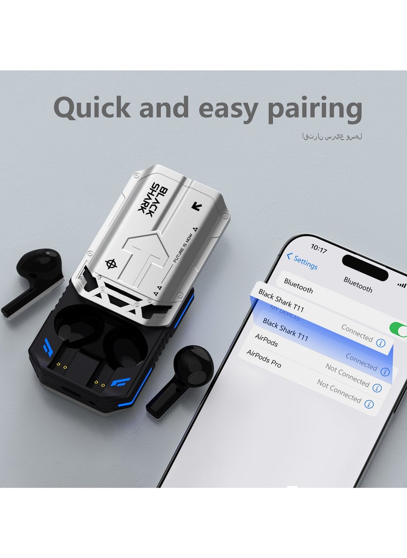 بلاك شارك - سماعة أذن Black Shark T11 مع وضع زمن الوصول المنخفض، وغطاء منزلق مع صوت "SHING"، وإضاءة RGB، ووقت تشغيل لمدة 30 ساعة وتقليل ضوضاء المكالمات ENC - رمادي - Image 1
