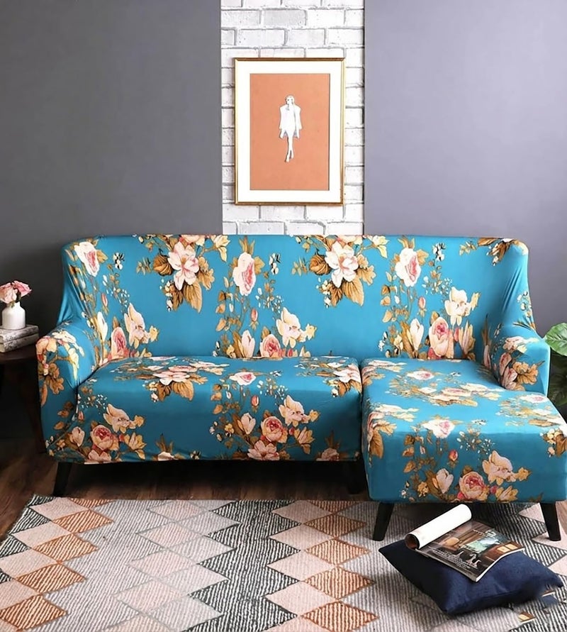 HOUSE OF QUIRK House of Quir Universal Sectional Sofa Covers L - Shape Couch Slipcover 2pcs Stretch Elastic L-Type Chaise Sofa Couch Furniture Protector (Blue Flower) - Image 1
