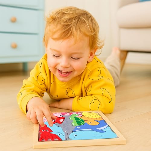 LovesTown Wooden Sea Animal Stacking Puzzles Chunky Montessori Jigsaw Toys for Kids Educational Preschool Learning Toys Toddler Birthday Gifts 12 PCS - Image 5