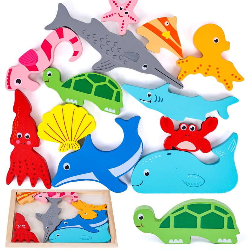 LovesTown Wooden Sea Animal Stacking Puzzles Chunky Montessori Jigsaw Toys for Kids Educational Preschool Learning Toys Toddler Birthday Gifts 12 PCS - Image 3