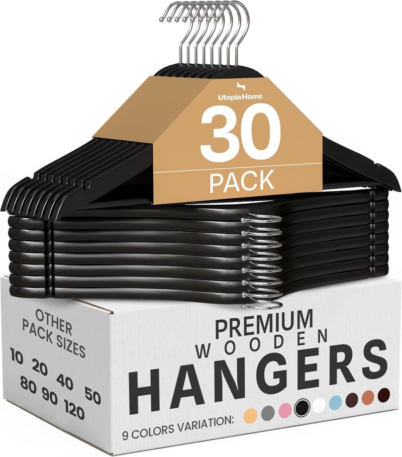 Utopia Home Premium Wooden Hangers 30 Pack - Durable & Slim Coat Hanger - Suit Hanger with 360-Degree Rotatable Hook - Wood Hangers with Shoulder Grooves (Black Color) - Image 1
