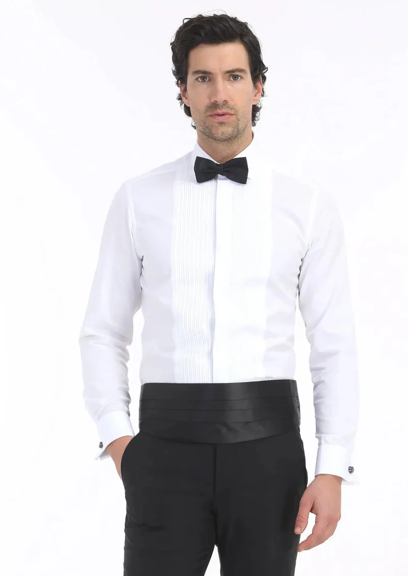 RAMSEY White Plain Slim Fit Double Cuff Classic Collar Tuxedo Shirts