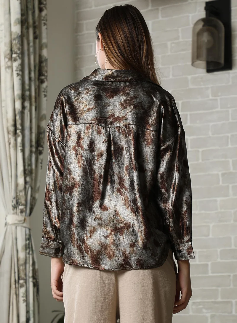PINACOLADA Women's Brown & Grey Metallic-Pigment Shirt For Casual Wear | Spread Collar | Long Cuffed Sleeves | Button Closure | Oversized Shirt Designed With Comfortable Fit For Woman & Girls