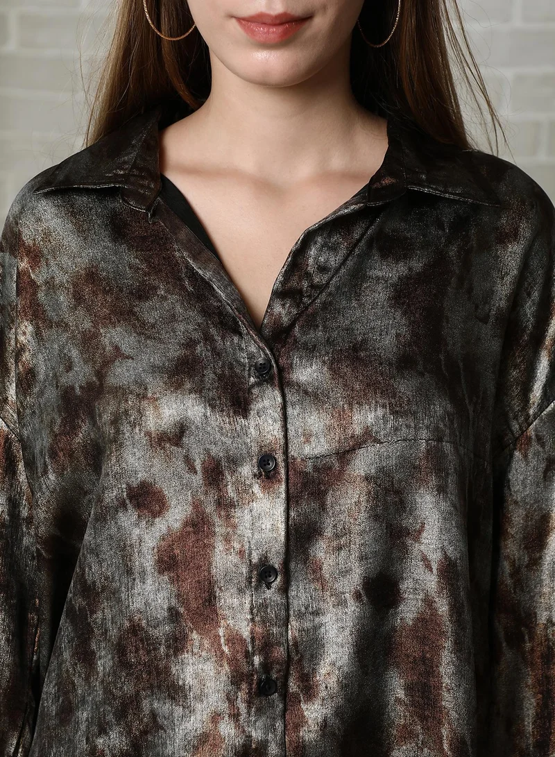 PINACOLADA Women's Brown & Grey Metallic-Pigment Shirt For Casual Wear | Spread Collar | Long Cuffed Sleeves | Button Closure | Oversized Shirt Designed With Comfortable Fit For Woman & Girls