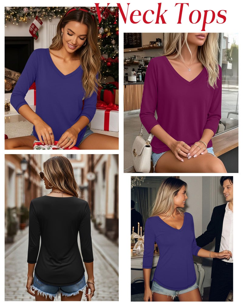Ficerd 3 Pack Women's 3/4 Length Sleeve T Shirts, V Neck Tops Loose Fit Blouses Casual Tees 2026 Fashion Clothes(Black, Burgundy, Navy Blue,X-Large) - Image 5