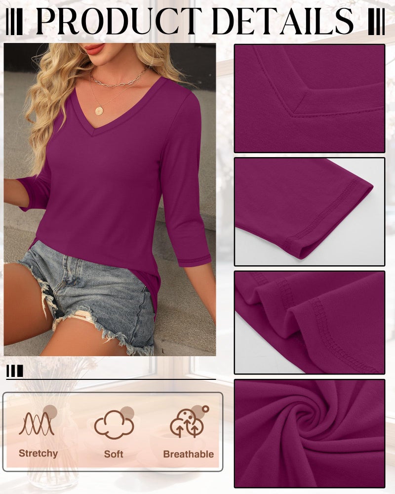 Ficerd 3 Pack Women's 3/4 Length Sleeve T Shirts, V Neck Tops Loose Fit Blouses Casual Tees 2026 Fashion Clothes(Black, Burgundy, Navy Blue,X-Large) - Image 4