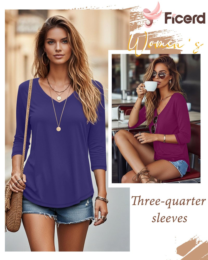 Ficerd 3 Pack Women's 3/4 Length Sleeve T Shirts, V Neck Tops Loose Fit Blouses Casual Tees 2026 Fashion Clothes(Black, Burgundy, Navy Blue,X-Large) - Image 3