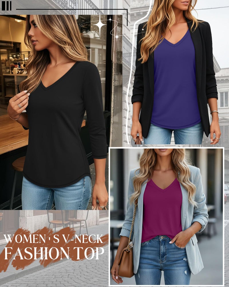 Ficerd 3 Pack Women's 3/4 Length Sleeve T Shirts, V Neck Tops Loose Fit Blouses Casual Tees 2026 Fashion Clothes(Black, Burgundy, Navy Blue,X-Large) - Image 2