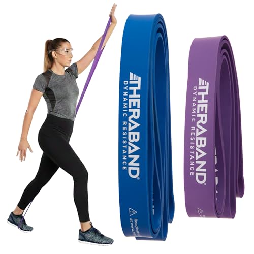 TheraBand أشرطة ثيراباند عالية المقاومة، مجموعة من شريطين مطاطيين فائقين لتحسين المرونة، إعادة تأهيل الإصابات، وتمارين الجسم الكامل، أشرطة تمدد للرفع، شريط خفيف واحد وشريط متوسط واحد، متعدد الاستخدامات - Image 1