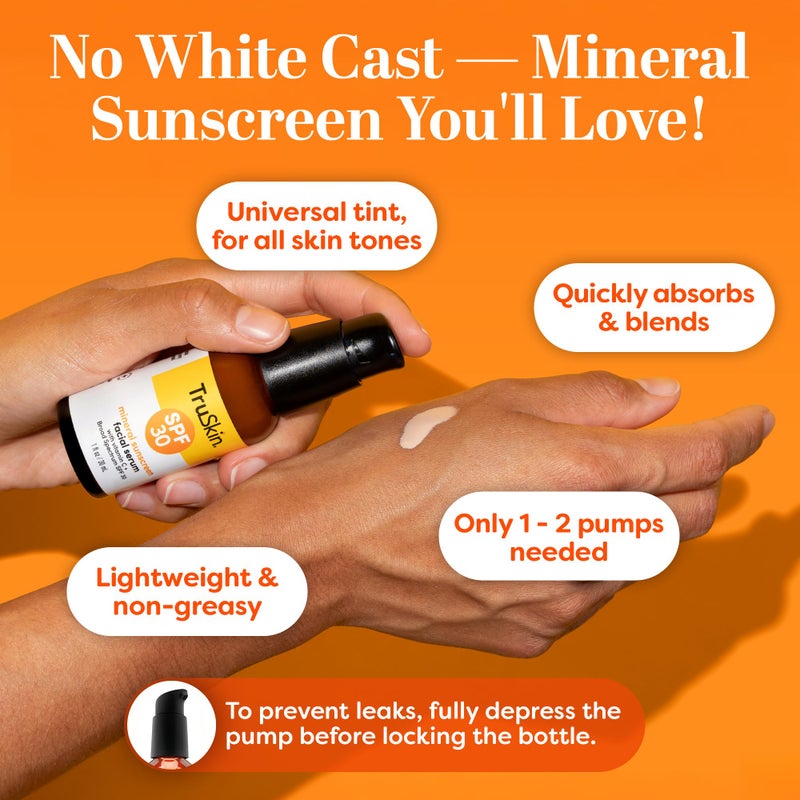 TruSkin Sunscreen Serum for Face - SPF 30 Universal Tinted Mineral Sunscreen Face Serum with Zinc Oxide - Sheer, Lightweight Finish with Vitamin C, Hyaluronic Acid, Ceramides & Niacinamide, 1 fl oz - Image 3