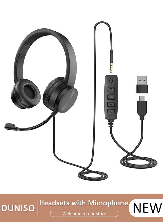 DUNISO Lightweight Type C Headset with Mic, Wired Over Ear Headphone for Call Center, Noise Cancelling Microphone , Ear Mask Filler with High Quality Sponge , Volume Control,Comfortable Wearing Design for PC,Study,Office - Image 1