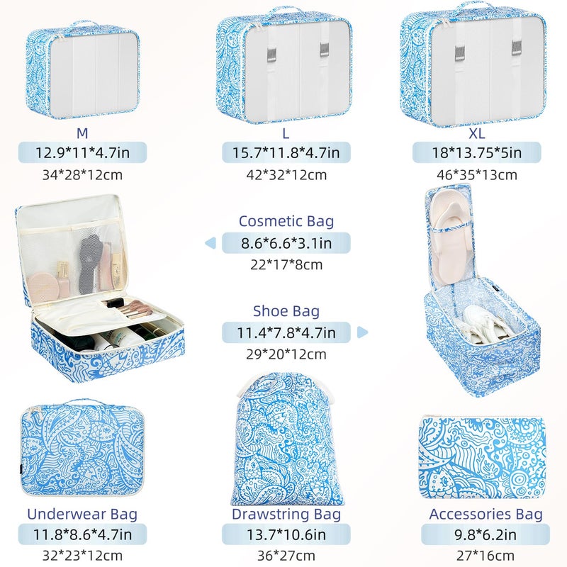 BAGAIL 8 Set Packing Cubes Luggage Packing Organizers for Travel Accessories-Blue paisley - Image 2