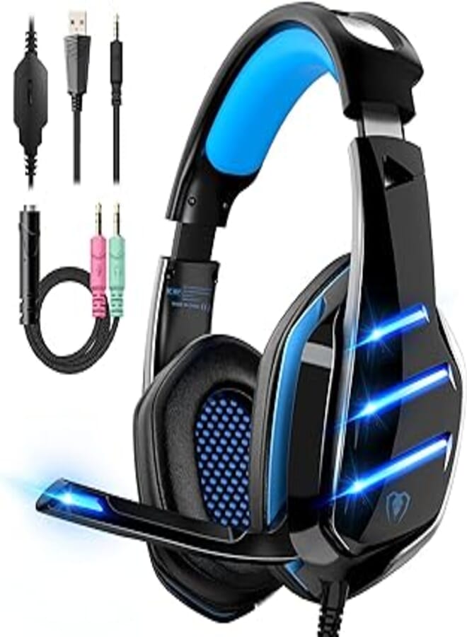 Beexcellent GM3 Gaming Headset, 7.1 Surround Sound PS4 Headset with Microphone, For Games, PC Headphones, Heavy Bass, Telescopic, Noise Isolation, Wired, FPS Compatible, LED Light, 