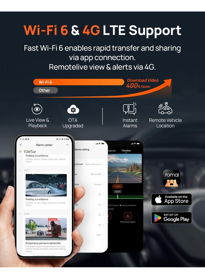 70mai New A810 Front and Rear 4K Cameras with Integrated GPS, Owl Night Vision, Support up to 256GB, Smart Parking Guard Mode, AI Motion Detection，Front and Rear - Image 1