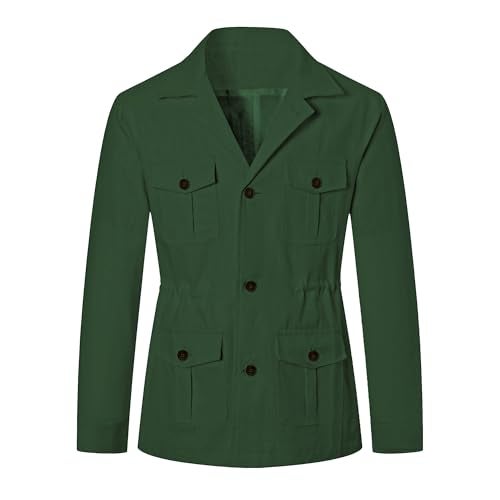 Betusline Men's Safari Linen Jacket Casual Long Sleeve Military Lightweight Cargo Jacket with Pockets, Green, M - Image 1