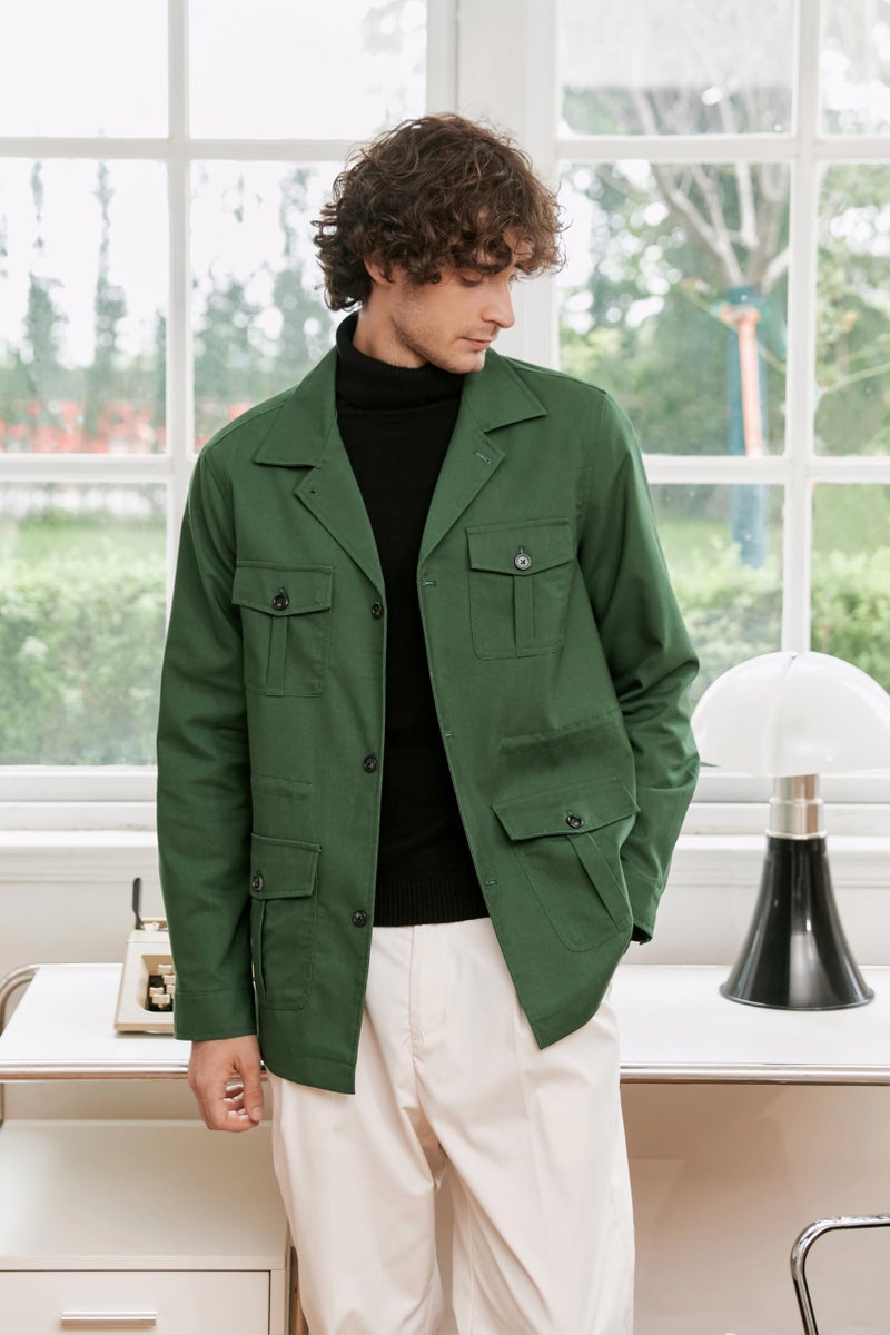Betusline Men's Safari Linen Jacket Casual Long Sleeve Military Lightweight Cargo Jacket with Pockets, Green, M - Image 5