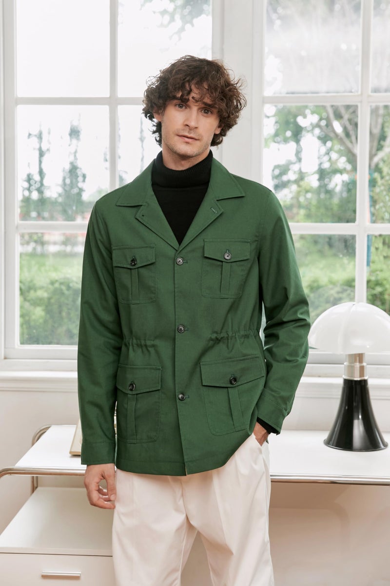 Betusline Men's Safari Linen Jacket Casual Long Sleeve Military Lightweight Cargo Jacket with Pockets, Green, M - Image 2