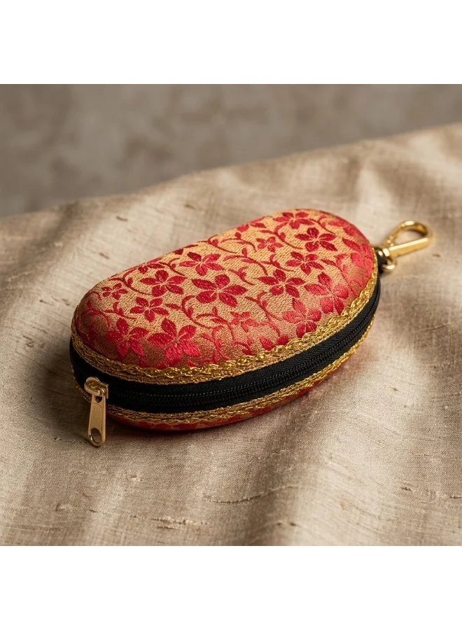 Mobcos Mobcos Mini Pouch Red VastraVault Red Mini Pouch with Carabiner Clip, Traditional Indian Fabric Zipper Case, Compact Travel Organizer & Accessory Storage Bag for Women & Men  | Best Price UAE