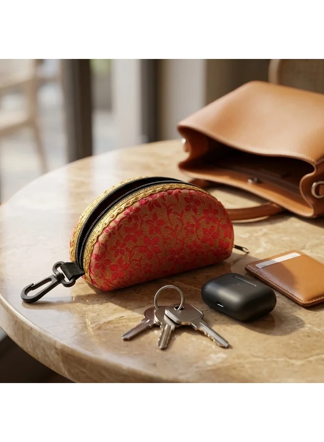 Mobcos Mobcos Mini Pouch Red VastraVault Red Mini Pouch with Carabiner Clip, Traditional Indian Fabric Zipper Case, Compact Travel Organizer & Accessory Storage Bag for Women & Men  | Best Price UAE