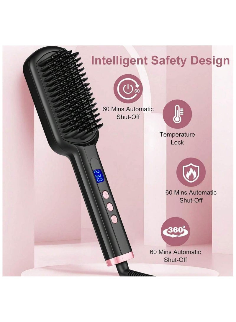 Hair Straightener Brush Straightening Comb, Fast Heating Ceramic Heater Compatible For Digital LCD Display Compatible, 30s Fast Heating 60mins Auto-off Anti-scald Ceramic Hair Straightener Comb for Home Salon, for Home Uses Dual Voltage, Black