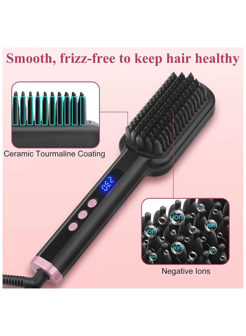 Hair Straightener Brush Straightening Comb, Fast Heating Ceramic Heater Compatible For Digital LCD Display Compatible, 30s Fast Heating 60mins Auto-off Anti-scald Ceramic Hair Straightener Comb for Home Salon, for Home Uses Dual Voltage, Black