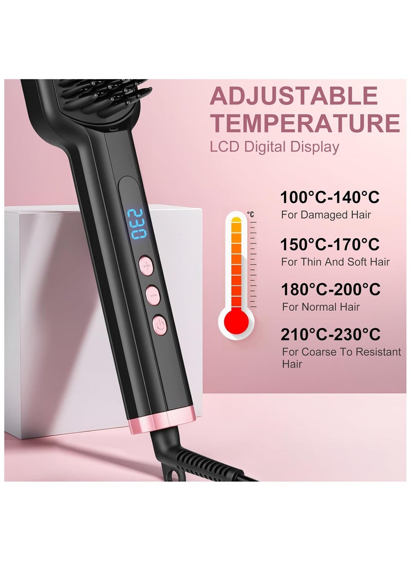 Hair Straightener Brush Straightening Comb, Fast Heating Ceramic Heater Compatible For Digital LCD Display Compatible, 30s Fast Heating 60mins Auto-off Anti-scald Ceramic Hair Straightener Comb for Home Salon, for Home Uses Dual Voltage, Black