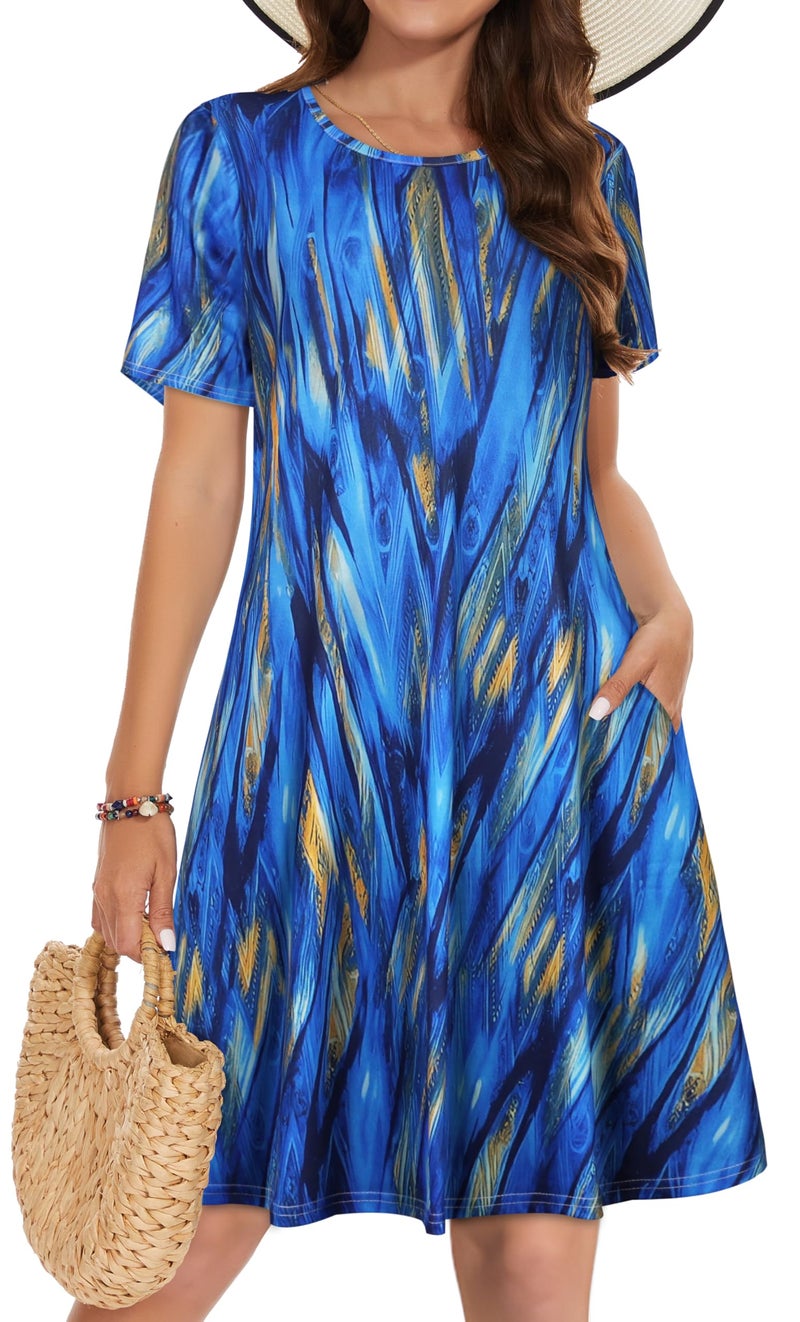 elescat Summer Dresses for Women Casual Short Sleeve Loose Beach Cover Up Scoop Neck Floral Sundress with Pockets(Blue Stripe, L) - Image 1