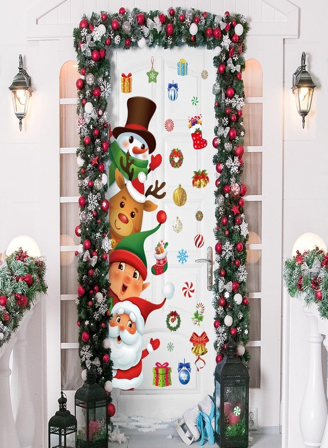 Fayoo Christmas Door Stickers Decor 44.88 x 13.8 Inch Snowman Elk Elf Santa Decals Large Wall Stickers for Winter Holiday Window Classroom Decorations - Image 1