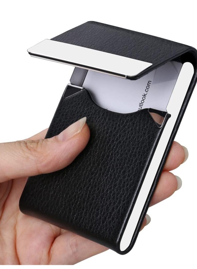 Professional Business Card Holder PU Leather Business Card Case Name Card Holder Slim Metal Pocket Card Holder with Magnetic Shut (Black)  - Image 1
