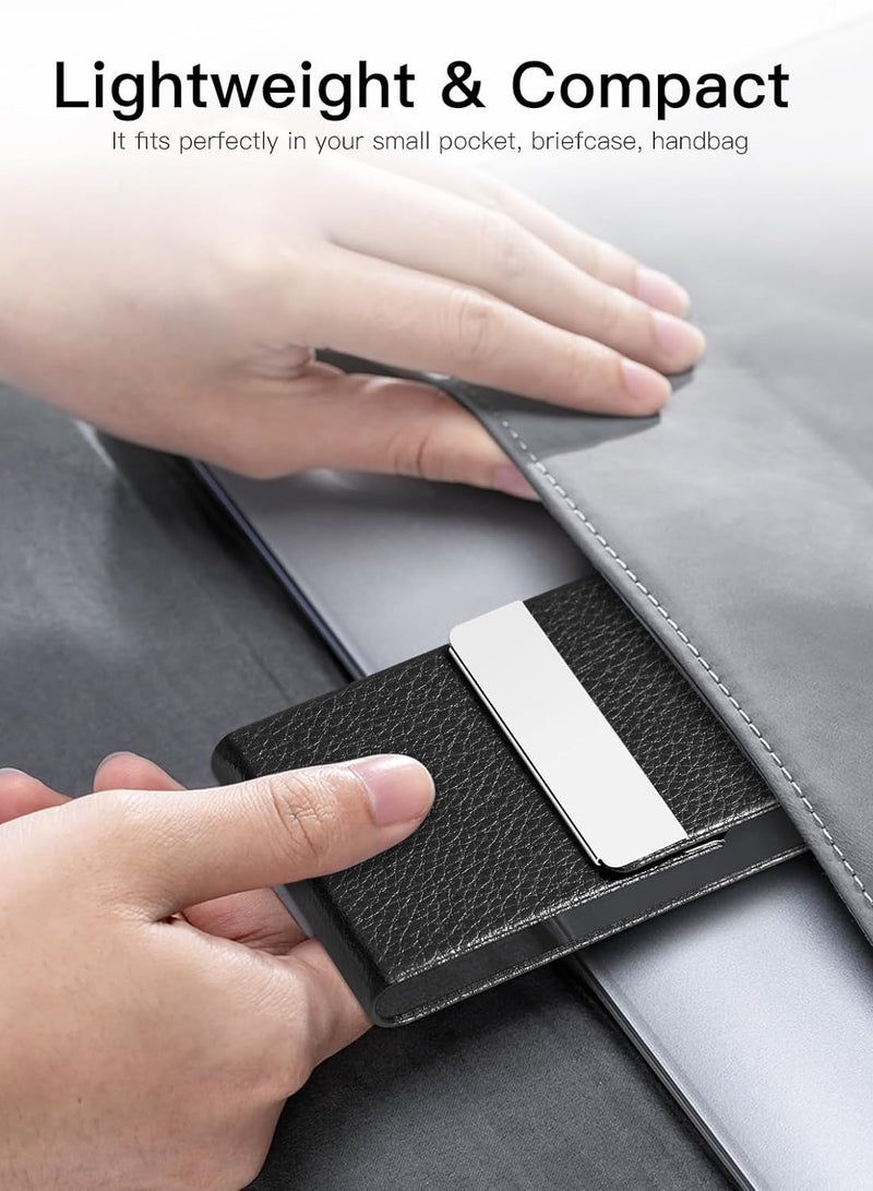 Professional Business Card Holder PU Leather Business Card Case Name Card Holder Slim Metal Pocket Card Holder with Magnetic Shut (Black)  - Image 4