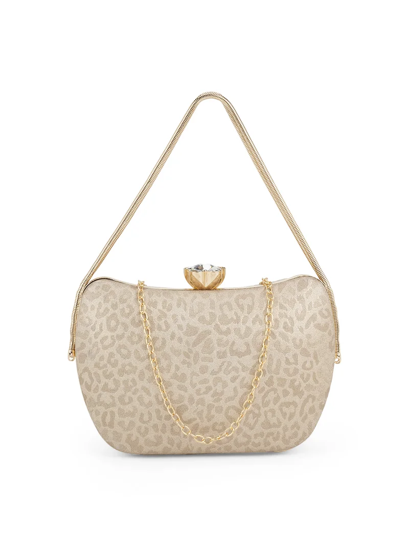 globus Globus Women Gold Animal Print Single Handle Boat Shape Party Clutch With Detachable Chain Strap