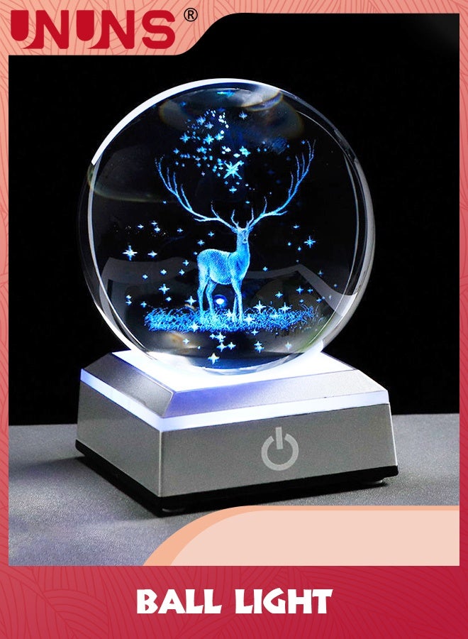 UNUNS 3D Elk Crystal Ball Night Light,Carved Glass Ball Lamps With LED Colorful Lighting Touch Base,Night Light Elk Model Decor Lamps,Gifts For Boys Girls Birthday Home Decor - Image 1
