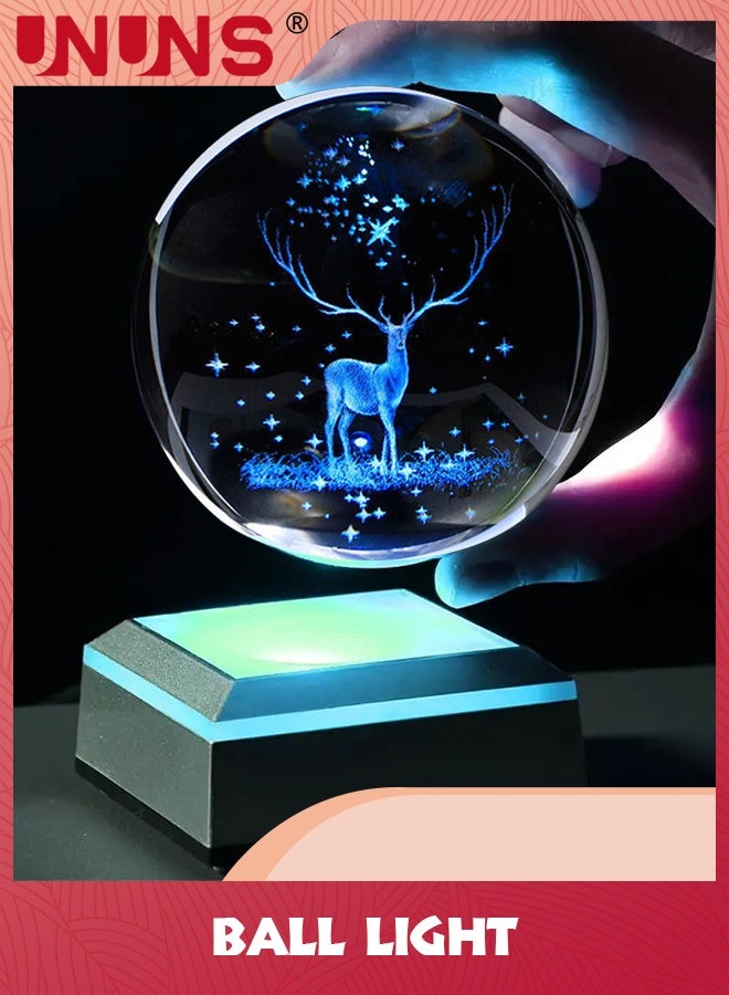 UNUNS 3D Elk Crystal Ball Night Light,Carved Glass Ball Lamps With LED Colorful Lighting Touch Base,Night Light Elk Model Decor Lamps,Gifts For Boys Girls Birthday Home Decor - Image 4