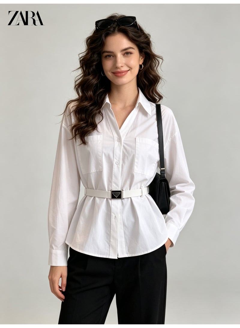 زارا ZARA ladies white waist V-neck shirt - Image 1