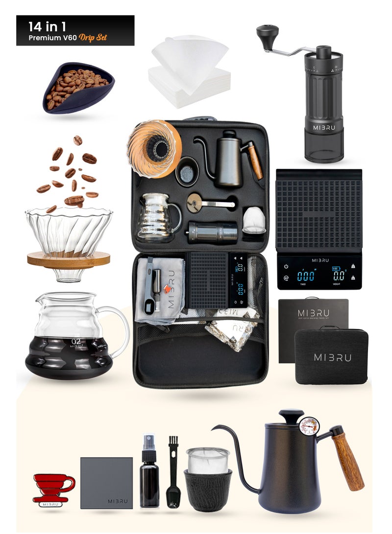 MIBRU V60 Pour Over Premium Drip Coffee Maker Kit – 14-Piece Complete Specialty Coffee Brewing Set Includes Built-in Glass Coffee Pot, Precision Thermometer, Electric Coffee Bean Grinder, Gooseneck Slim Neck Kettle for Perfect Pour Control, Coffee Sharing Pot, V60 Zigzag Dripper, Paper Coffee Filters, Bean Weighing Tray, Fine Mist Spray Bottle for Bloom Control, Measuring Spoon for Accurate Dosing, Reusable Travel Coffee Bag, Stylish Coffee Mug, and Cleaning Accessories – Ideal for Manual Hand Drip Brewing at Home, in the Office, or by Professional Baristas – Perfect Gift for Coffee Enthusiasts and Third Wave Coffee Lovers Seeking Full Flavor Extraction and Craft Experience - Image 1