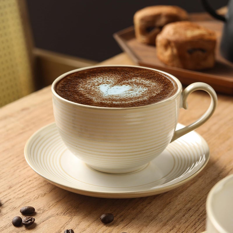 Feenmai 12Oz Coffee Cups with Saucers, Ceramic Espresso Cup Set of 4, Cappuccino Cups Set, Tea Mugs and Saucer, Microwave Dishwasher Safe Drinkware for Home, Cafe, Housewarming Gifts - Image 3