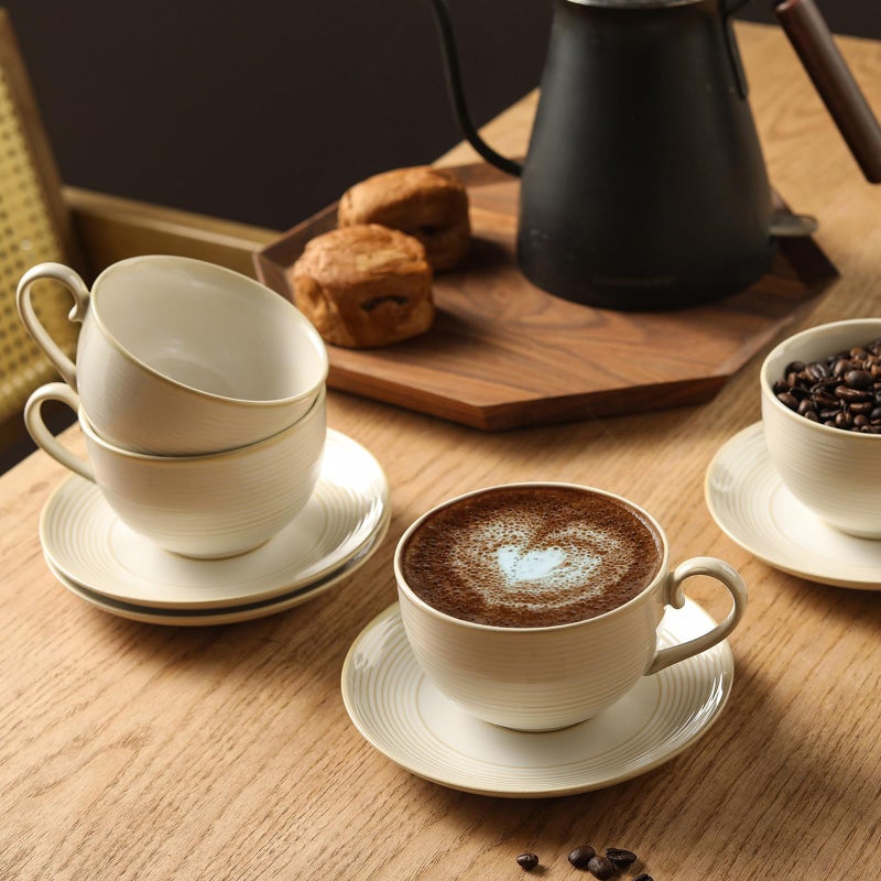 Feenmai 12Oz Coffee Cups with Saucers, Ceramic Espresso Cup Set of 4, Cappuccino Cups Set, Tea Mugs and Saucer, Microwave Dishwasher Safe Drinkware for Home, Cafe, Housewarming Gifts - Image 5